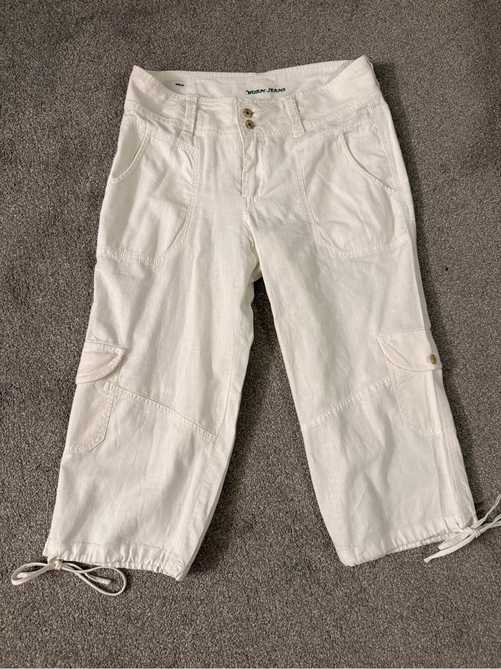Fun White Linen Blend Cargo Style Pants with Leg Ties, Sz 30. By WORN Jeans